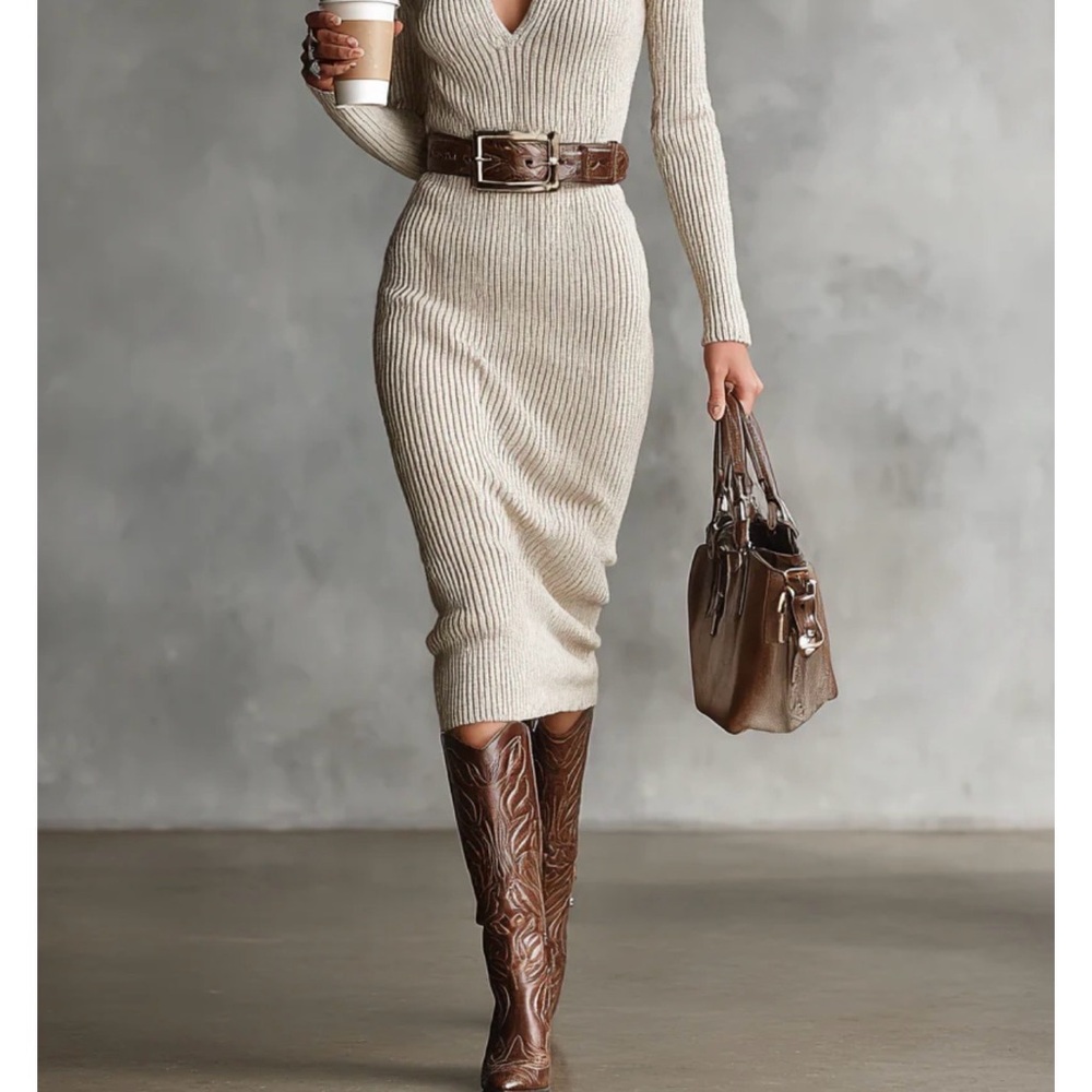 Chic Beige Knit Midi Dress